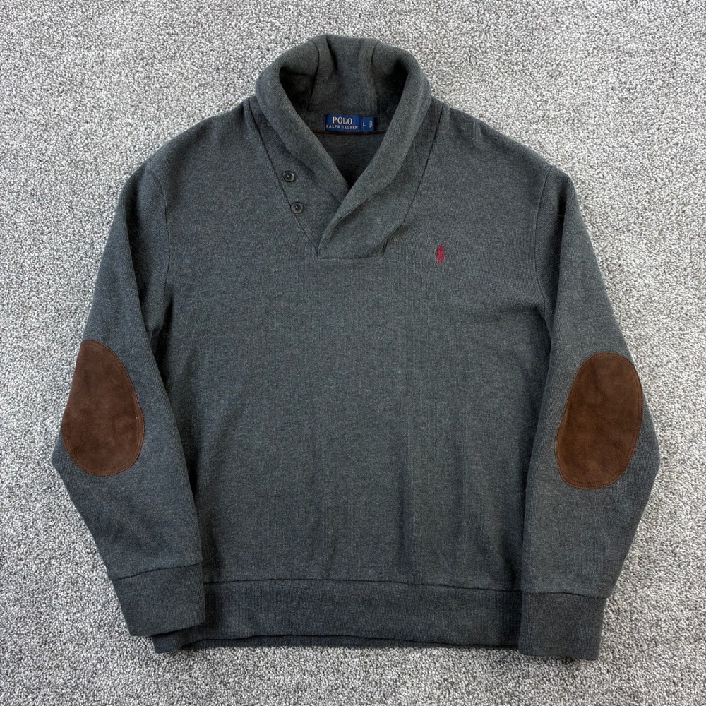 Polo Ralph Lauren Sweater Mens Large Gray Shawl Neck Suede Elbow Patches Cotton
